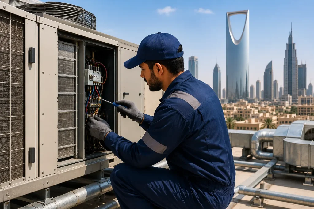 AccoolFix provides central AC maintenance and repair in Riyadh (صيانة وإصلاح مكيفات مركزية) — AHU service, zone diagnostics, compressor repair, ductwork. All buildings. Call now.